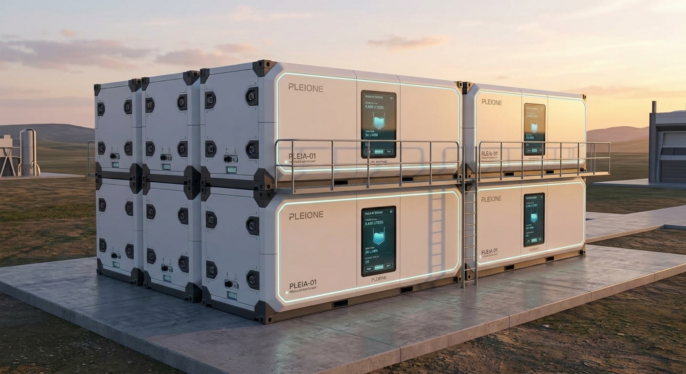 Six Pleia units stacked as a modular water plant with a service walkway