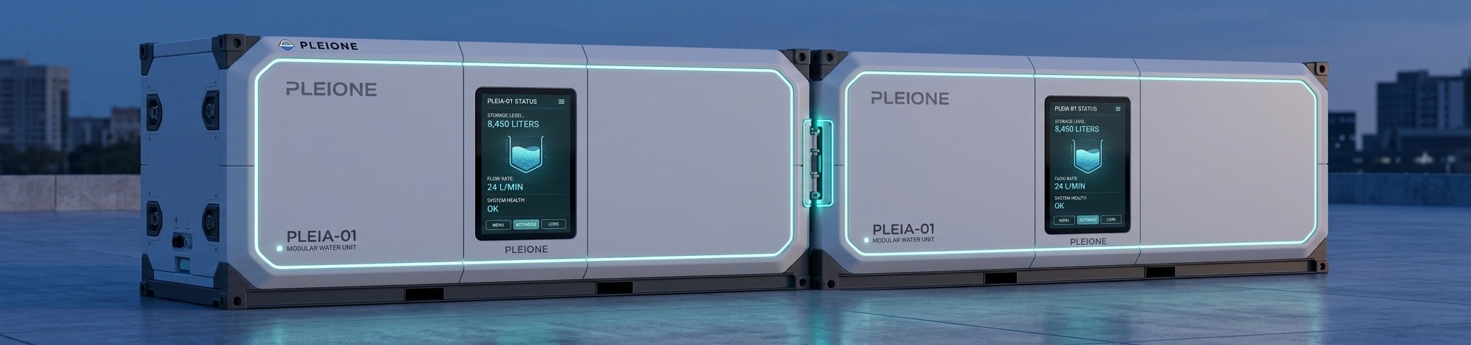 Two Pleia units docked side by side, coupling glowing teal